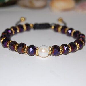 Pearl Bracelet,Fresh Water Pearl,Crystal Glass Beads,Drawstring,Purple Bracelet